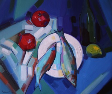 Painting titled "Still life with fish" by Tigran Avetyan, Original Artwork, Oil