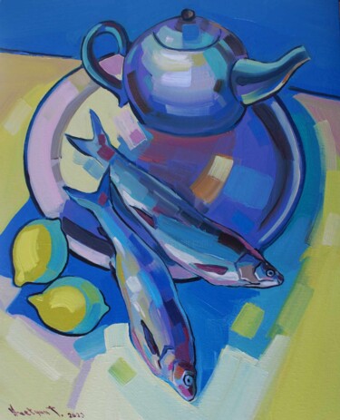 Painting titled "Still life with fis…" by Tigran Avetyan, Original Artwork, Oil