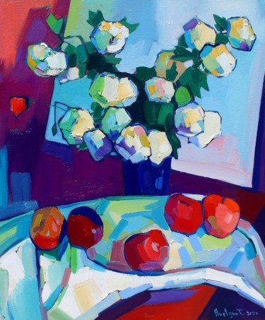 Painting titled "Still life-flowers…" by Tigran Aveyan, Original Artwork, Oil Mounted on Wood Stretcher frame
