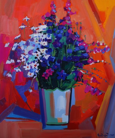 Painting titled "Still life-wild flo…" by Tigran Aveyan, Original Artwork, Oil Mounted on Wood Stretcher frame