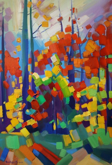 Painting titled "Autumn forest (45x6…" by Tigran Aveyan, Original Artwork, Oil Mounted on Wood Stretcher frame