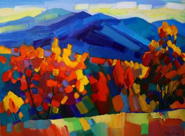 Painting titled "Autumn landscape-3…" by Tigran Aveyan, Original Artwork, Oil Mounted on Wood Stretcher frame