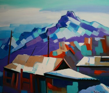 Painting titled "Winter in village…" by Tigran Aveyan, Original Artwork, Oil Mounted on Wood Stretcher frame