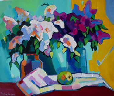 Ζωγραφική με τίτλο "Lilac flowers-3 (50…" από Tigran Aveyan, Αυθεντικά έργα τέχνης, Λάδι Τοποθετήθηκε στο Ξύλινο φορείο σκελ…
