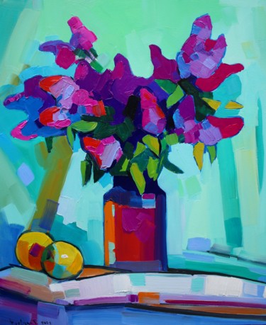 Ζωγραφική με τίτλο "Lilac flowers-5 (50…" από Tigran Aveyan, Αυθεντικά έργα τέχνης, Λάδι Τοποθετήθηκε στο Ξύλινο φορείο σκελ…