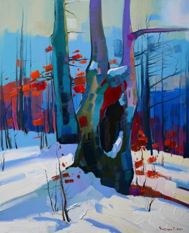 Painting titled "Winter trees (50x60…" by Tigran Aveyan, Original Artwork, Oil Mounted on Wood Stretcher frame