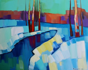 Painting titled "Winter landscape-2…" by Tigran Aveyan, Original Artwork, Oil Mounted on Wood Stretcher frame
