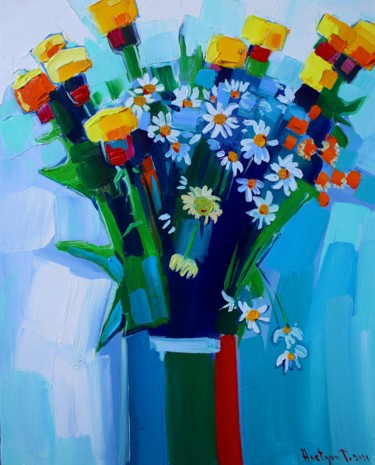 Painting titled "Field flowers (40x5…" by Tigran Aveyan, Original Artwork, Oil Mounted on Wood Stretcher frame