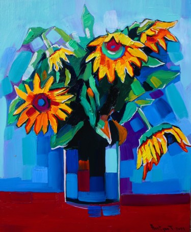 Painting titled "Sunflowers (45x55cm…" by Tigran Aveyan, Original Artwork, Oil Mounted on Wood Stretcher frame
