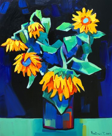 Painting titled "Sunflowers-2 (45x55…" by Tigran Aveyan, Original Artwork, Oil Mounted on Wood Stretcher frame