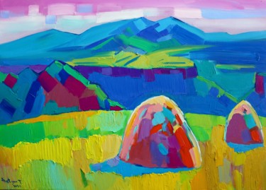 Painting titled "Field landscape-2 (…" by Tigran Aveyan, Original Artwork, Oil Mounted on Wood Stretcher frame