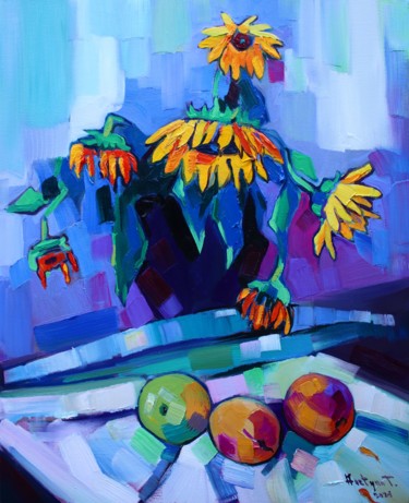 Painting titled "Still life sunflowe…" by Tigran Aveyan, Original Artwork, Oil Mounted on Wood Stretcher frame