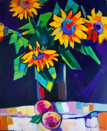 Painting titled "Still life sunflowe…" by Tigran Aveyan, Original Artwork, Oil Mounted on Wood Stretcher frame