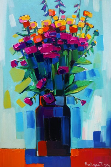 Painting titled "Field flowers and a…" by Tigran Aveyan, Original Artwork, Oil Mounted on Wood Stretcher frame