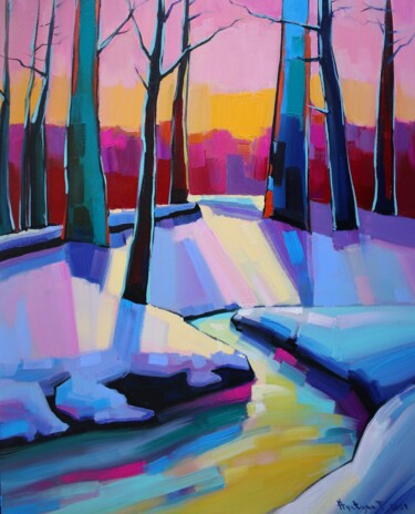 Painting titled "Winter forest (40x5…" by Tigran Aveyan, Original Artwork, Oil Mounted on Wood Stretcher frame
