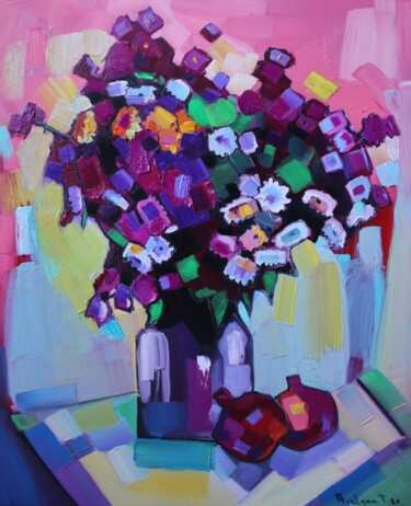 Painting titled "Field flowers and p…" by Tigran Aveyan, Original Artwork, Oil Mounted on Wood Stretcher frame