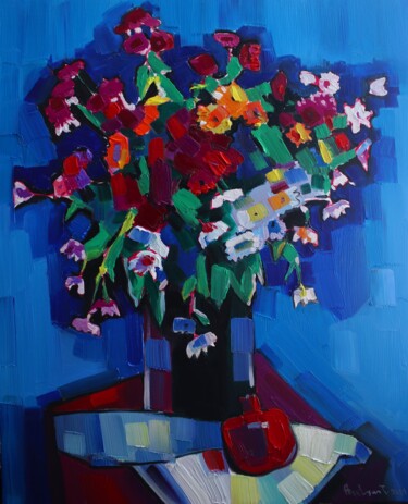 Painting titled "Field flowers and p…" by Tigran Aveyan, Original Artwork, Oil Mounted on Wood Stretcher frame