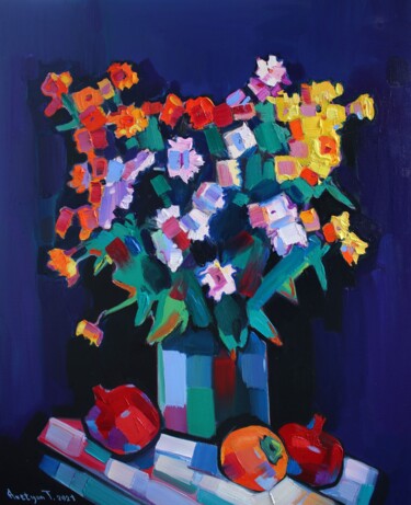 Painting titled "Field flowers and p…" by Tigran Aveyan, Original Artwork, Oil Mounted on Wood Stretcher frame