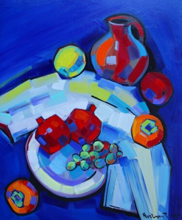 Painting titled "Still life fruits (…" by Tigran Aveyan, Original Artwork, Oil Mounted on Wood Stretcher frame