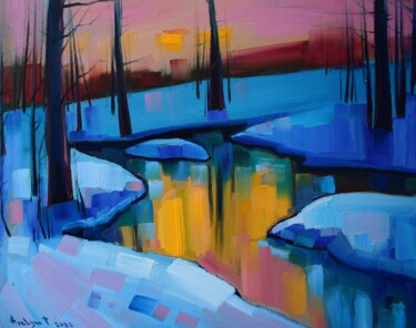 Painting titled "Winter evening-1 (4…" by Tigran Aveyan, Original Artwork, Oil Mounted on Wood Stretcher frame