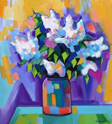 Painting titled "Lilac flowers (50x5…" by Tigran Aveyan, Original Artwork, Oil Mounted on Wood Stretcher frame