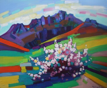 Painting titled "Spring in the mount…" by Tigran Aveyan, Original Artwork, Oil Mounted on Wood Stretcher frame