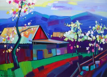 Painting titled "Spring in the villa…" by Tigran Aveyan, Original Artwork, Oil Mounted on Wood Stretcher frame