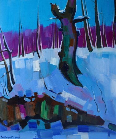 Painting titled "Winter forest (60x5…" by Tigran Aveyan, Original Artwork, Oil Mounted on Wood Stretcher frame
