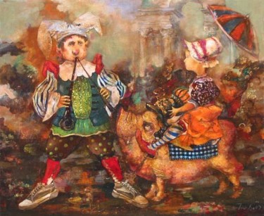 Peinture intitulée "Girl on the Pig" par Tigran Harutyunyan, Œuvre d'art originale, Huile