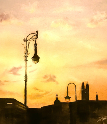 Schilderij getiteld "Sunset at Schloßpla…" door Tigran Poghossian, Origineel Kunstwerk, Aquarel