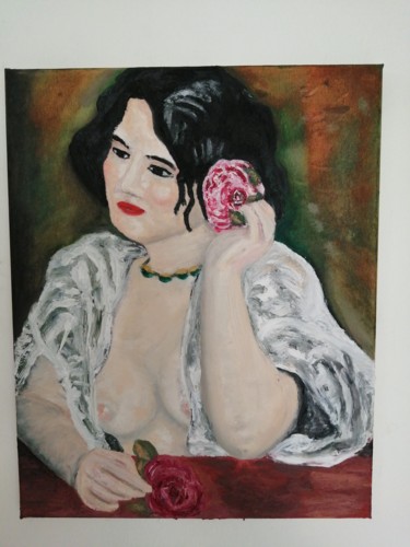 Malerei mit dem Titel "Dame à la rose." von Grégoire Tillac, Original-Kunstwerk, Öl Auf Keilrahmen aus Holz montiert