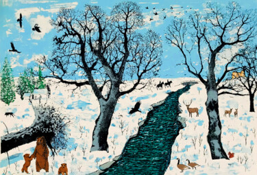 Druckgrafik mit dem Titel "Winter Life" von Tim Southall, Original-Kunstwerk, Siebdruck