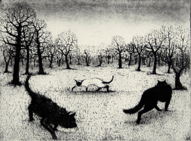 Printmaking titled "Prowling Cats" by Tim Southall, Original Artwork, Etching