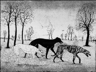 Printmaking titled "Strolling Hounds" by Tim Southall, Original Artwork, Etching