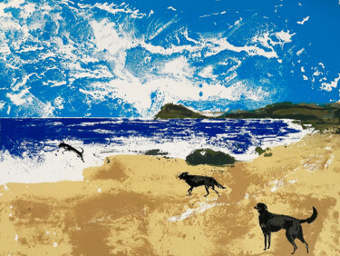 Prenten & gravures getiteld "Dogs on a Beach" door Tim Southall, Origineel Kunstwerk, Zeefdruk