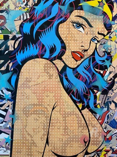 Dillon Boy - Nude Wonder Woman vs Roy Lichtenstein (BLUE) Printmaking titled "Dillon Boy - Nude W…" by Time Machine, Original Art, Lithography