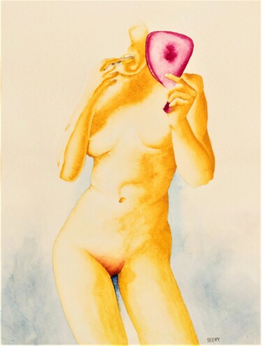 Painting titled "Nude with Looking G…" by Timothy Seery, Original Artwork, Watercolor