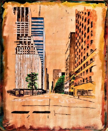 Painting titled "Cityscape on Angel…" by Timothy Seery, Original Artwork, Watercolor Mounted on Wood Panel