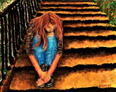 Schilderij getiteld "Girl on stairs" door Timothy Seery, Origineel Kunstwerk, Pastel