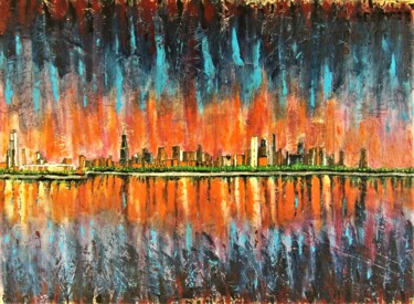 Картина под названием "Cityscape Chicago" - Timothy Seery, Подлинное произведение искусства, Акрил Установлен на Деревянная…