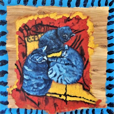 Painting titled "Blue cats" by Timothy Seery, Original Artwork, Acrylic Mounted on Wood Panel