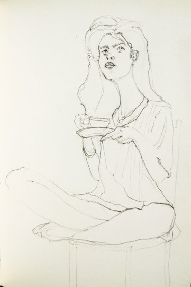 Drawing titled "With tea cup" by Timur Kulmakhanov, Original Artwork, Pencil