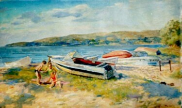 Painting titled "Лодки" by Tin Gali, Original Artwork, Oil