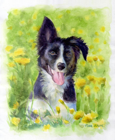 Painting titled "Happy Dog" by Tina Zhou, Original Artwork, Watercolor
