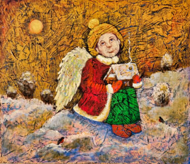 Painting titled "Winter Angel" by Tina Shustova, Original Artwork, Acrylic Mounted on Wood Stretcher frame