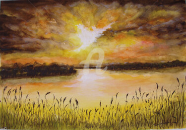 Peinture intitulée "Coucher de soleil s…" par Tina Verpoorten, Œuvre d'art originale, Aquarelle