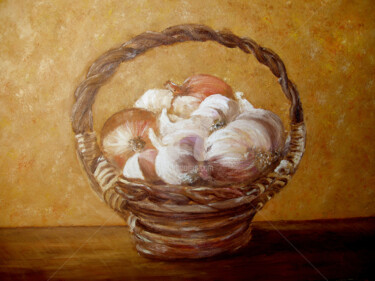 Schilderij getiteld "Cebolla e ajo.jpg" door Tina Verpoorten, Origineel Kunstwerk, Olie