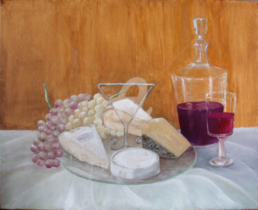 Painting titled "Queso, uvas y vino.…" by Tina Verpoorten, Original Artwork, Oil