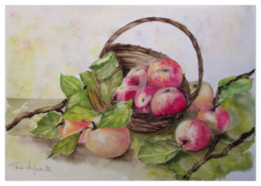 Painting titled "Panier de pommes" by Tina Verpoorten, Original Artwork, Watercolor
