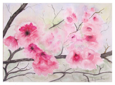 Painting titled "Cerisiers en fleurs" by Tina Verpoorten, Original Artwork, Watercolor